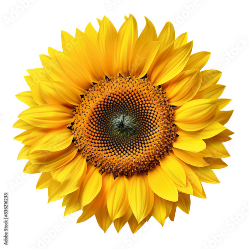 A vibrant yellow sunflower in full bloom, with a dark brown center and delicate petals. Isolated on a black background.