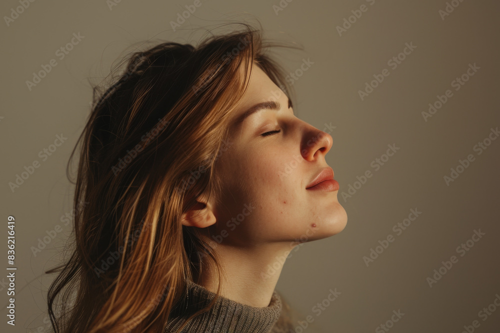 A close up of a woman's face with her eyes closed looking to a side A close up of a woman's face with her eyes closed looking to a side