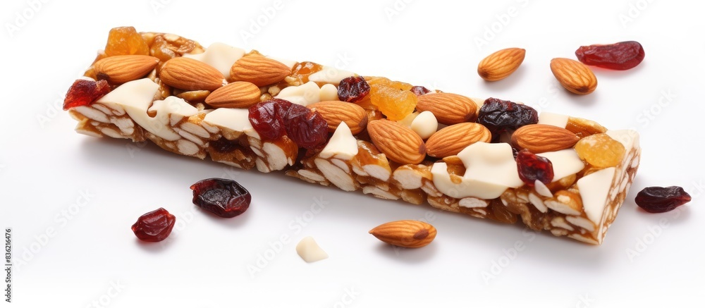 Granola superfood bars arranged on a white background with space for text or graphics. They are homemade healthy snacks packed with nutrients. Copy space image. Place for adding text and design Granola superfood bars arranged on a white background with space for text or graphics. They are homemade healthy snacks packed with nutrients. Copy space image. Place for adding text and design