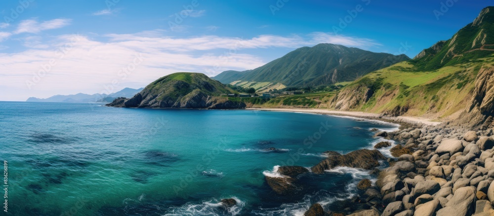 Fototapeta premium A scenic beach with a mountain backdrop and a tranquil blue bay; ideal for a relaxing vacation. Copy space image. Place for adding text and design
