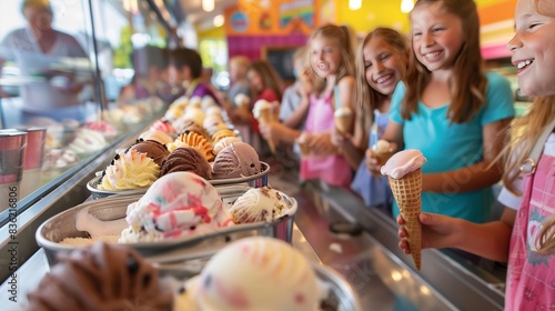 A vibrant ice cream parlor bustles on a sunny day  with kids and adults enjoying colorful cones and laughter.