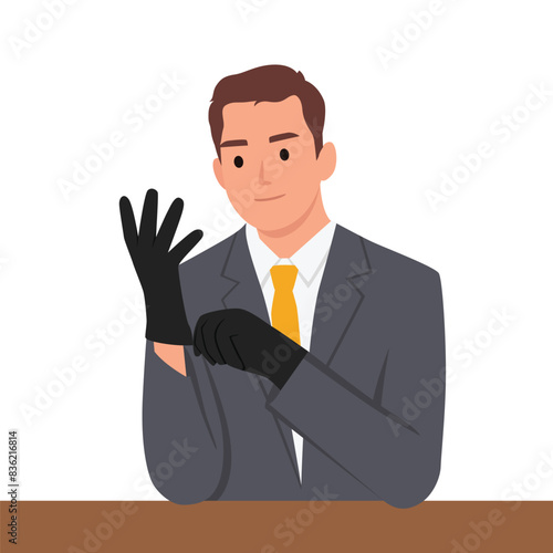 Business man wearing black glove. Flat vector illustration isolated on white background