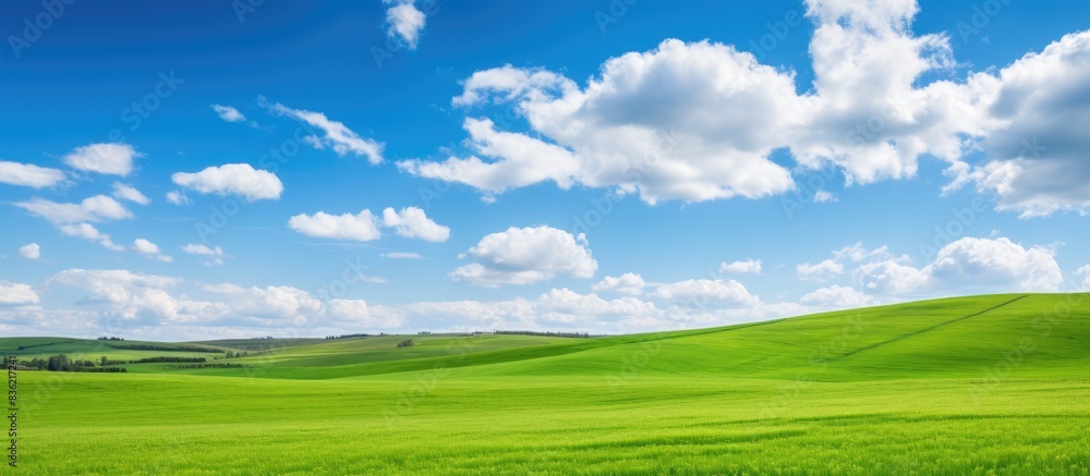 Beautiful panoramic landscape with a lush green grass field, a serene blue sky filled with fluffy clouds, and rural village houses in the background, perfect for a copy space image. Beautiful panoramic landscape with a lush green grass field, a serene blue sky filled with fluffy clouds, and rural village houses in the background, perfect for a copy space image.