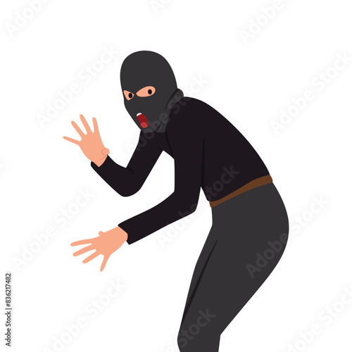 Thief wearing balaclava gets caught red handed. Flat vector illustration isolated on white background photo