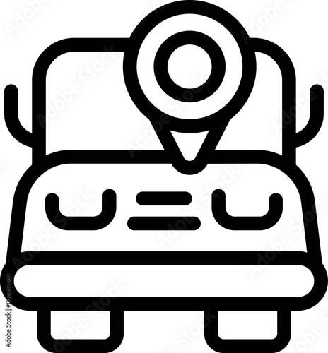 Black and white line art icon of a taxi with a location pin symbol on top