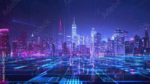 Digital Skyline The New York City skyline made up of neon lines or digital wireframe models