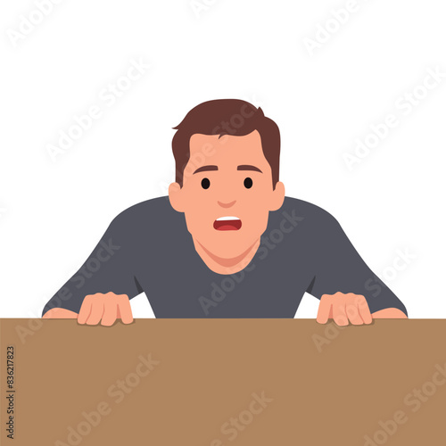 Young afraid and shocked man with surprise and amazed expression, fear and excited face. Flat vector illustration isolated on white background