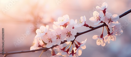 Stunning white butterfly flying near soft-focused flowers on a cherry blossom branch against a blue and lilac background  creating an elegant spring nature copy space image.