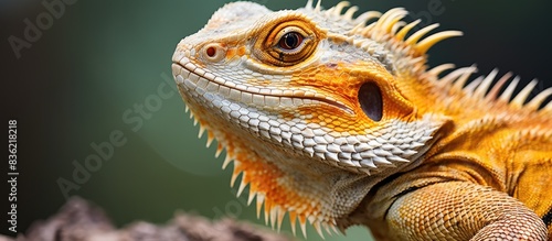 An Australian Bearded Dragon peeks out of a parcel box with copy space image  illustrating the illicit trade of exotic animals.