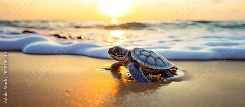 The liberated green turtle swims into the ocean with a copy space image. photo