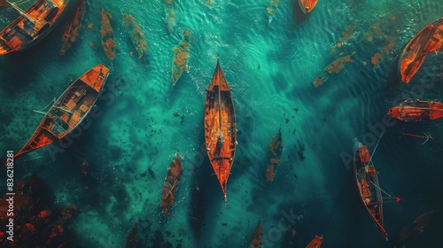Aerial view of boats floating in a bay with clear turquoise waters. photo