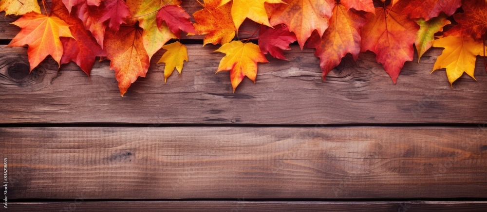 Obraz premium Autumn maple leaves scattered on a wooden surface, creating a picturesque natural backdrop with space for adding images. Copy space image. Place for adding text and design
