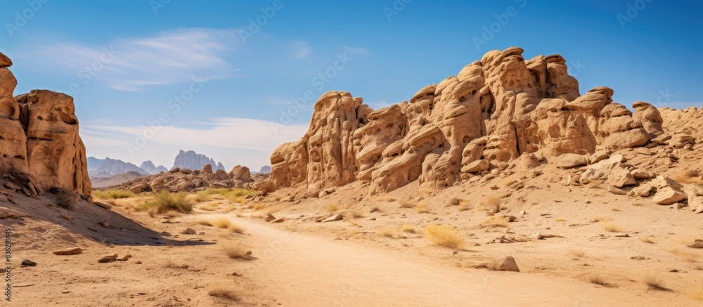 A desert rock formation shown on a white background with copy space image. A desert rock formation shown on a white background with copy space image.