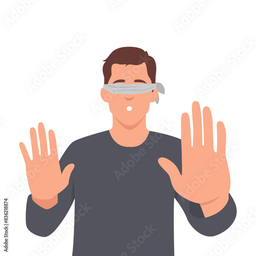 Frightened casual man blindfolded trying to grope road of action in blind. Flat vector illustration isolated on white background