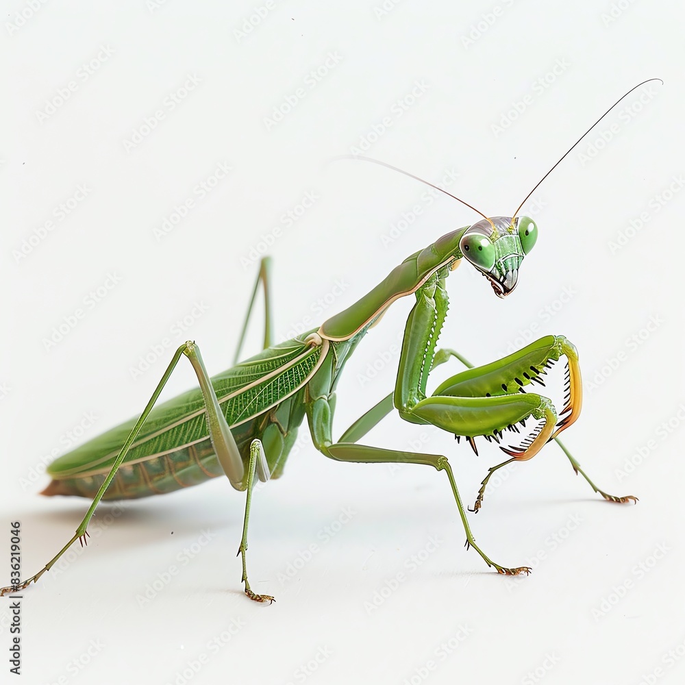 A white background image of a green praying mantis in a defensive pose A white background image of a green praying mantis in a defensive pose