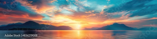 panoramic view of beautiful colorful sunset over the sea © grigoryepremyan