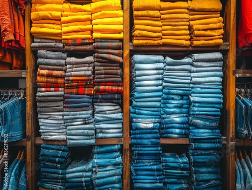 Folded clothing and jeans displayed on shelves, showcasing a variety of earthy greens and beiges alongside blues.
