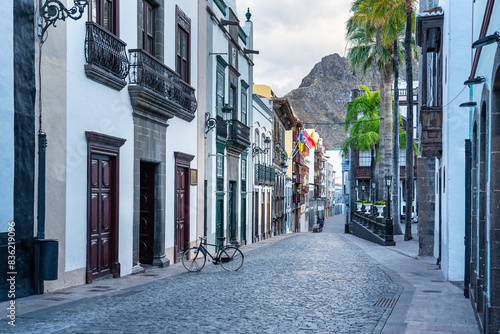 Picturesque streets with colorful buildings and views of the great mountain in the background, Santa Cruz de la Palma, Canary Islands.