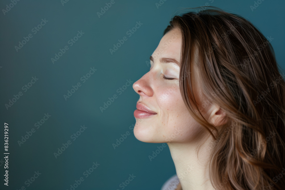 A close up of a woman's face with her eyes closed looking to a side A close up of a woman's face with her eyes closed looking to a side