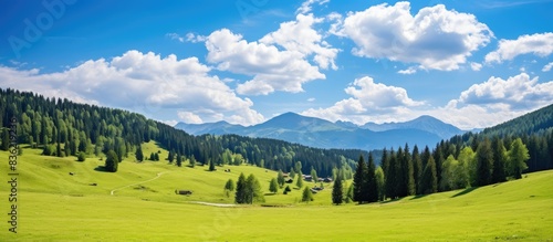 Scenic mountain landscape with dark blue skies and fluffy clouds, ideal for adding text or images with a lack of elements in the foreground - copy space image.