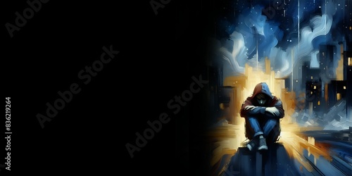 Sad depressed boy sitting alone with the backdrop of a gloomy city.  Mental health. 