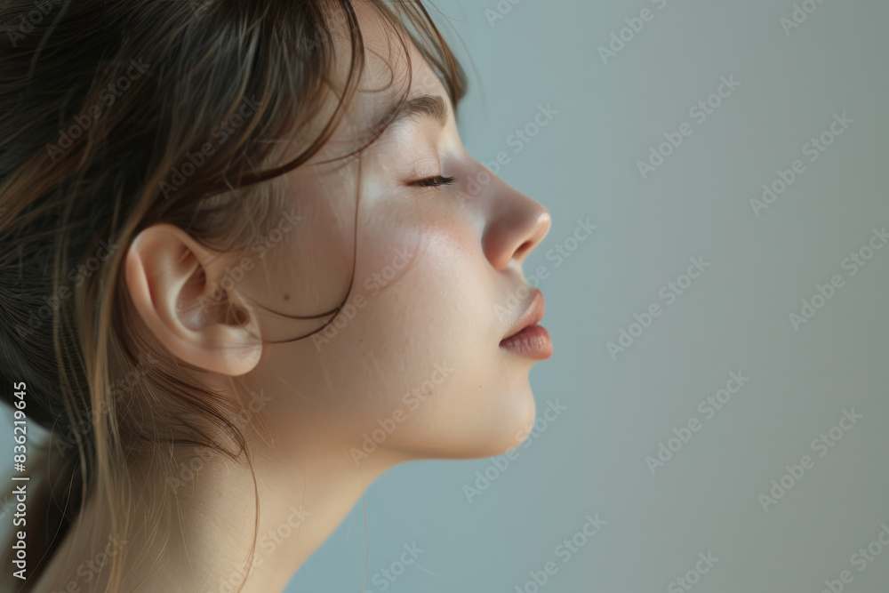 A close up of a woman's face with her eyes closed looking to a side A close up of a woman's face with her eyes closed looking to a side