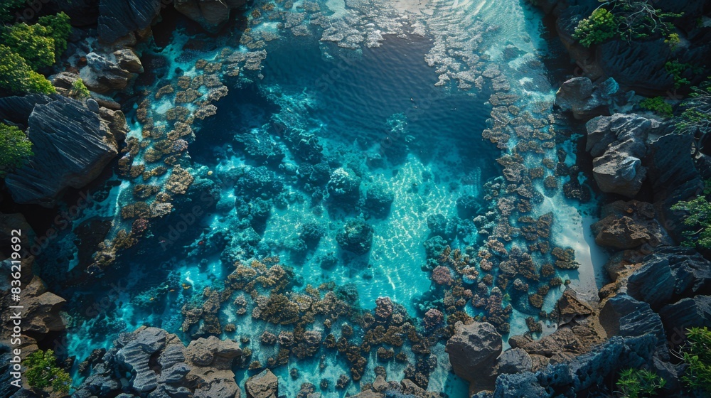 Fototapeta premium Aerial view of a stunning atoll with a vibrant blue lagoon surrounded by coral reefs.
