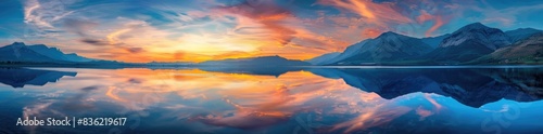 panoramic view of colorful sunset over calm sea lake with mountain range background © grigoryepremyan