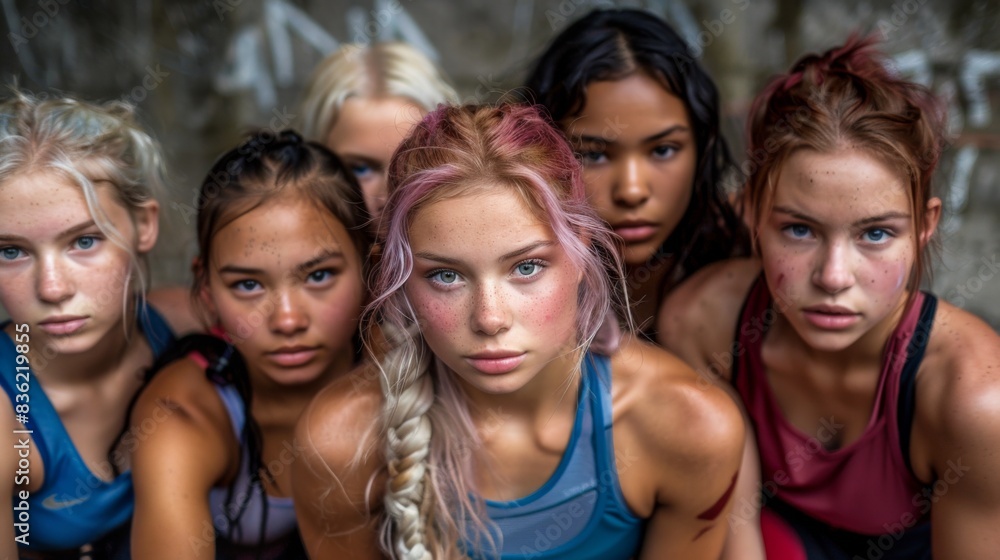 A diverse group of young women in sportswear, confidently posing together, looking determined. A diverse group of young women in sportswear, confidently posing together, looking determined.