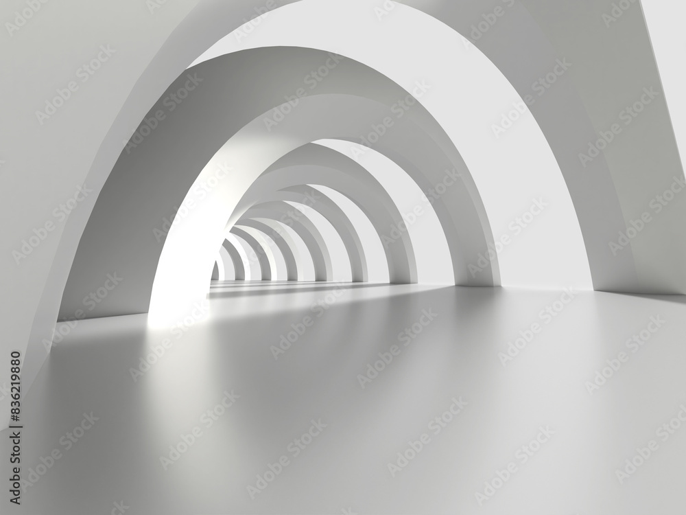 Obraz premium 光が差し込む白いアーチの回廊の3Dイラスト