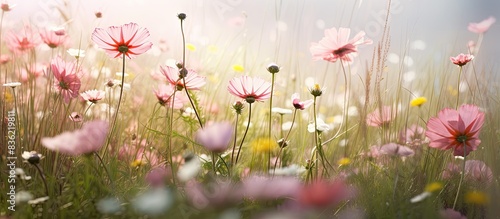 Fototapeta Naklejka Na Ścianę i Meble -  Sunny day showcases a meadow of pink daisy flowers in spring with fresh green grass, creating a charming nature scene; ideal as a copy space image.