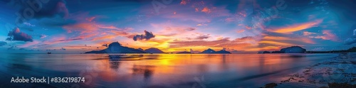 panoramic view of colorful sunset over the sea with mountains