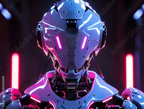 A 3D render of a futuristic robot action figure with LED lights photo