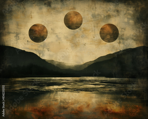 3 moons on a cloudy background