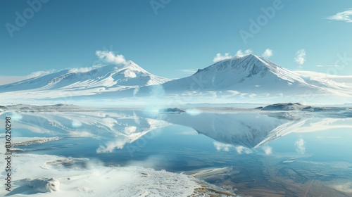 A serene view of Myvatn Lake in Iceland with pseudo-craters and snow-capped mountains reflected on the frozen surface.
