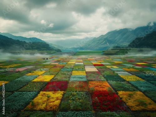 Aerial view of colorful flower fields in Albenga, Italy, with mountains and cloudy skies in the background. photo