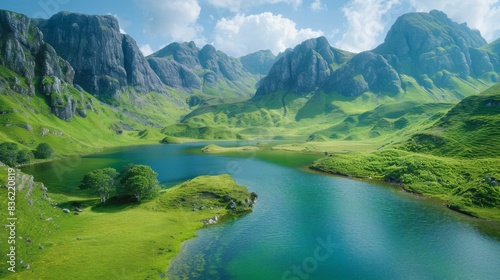 Aerial view of two serene lakes nestled among rolling green hills and rugged mountains in the Quiraing region of the Isle of Skye.