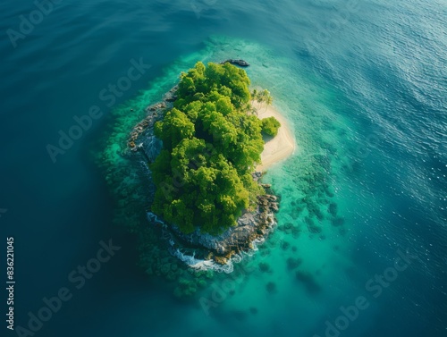 Aerial view of a small, lush island surrounded by clear turquoise waters with visible underwater features.