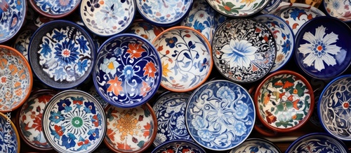 Turkish pottery with vibrant colors and intricate patterns  perfect for a copy space image.