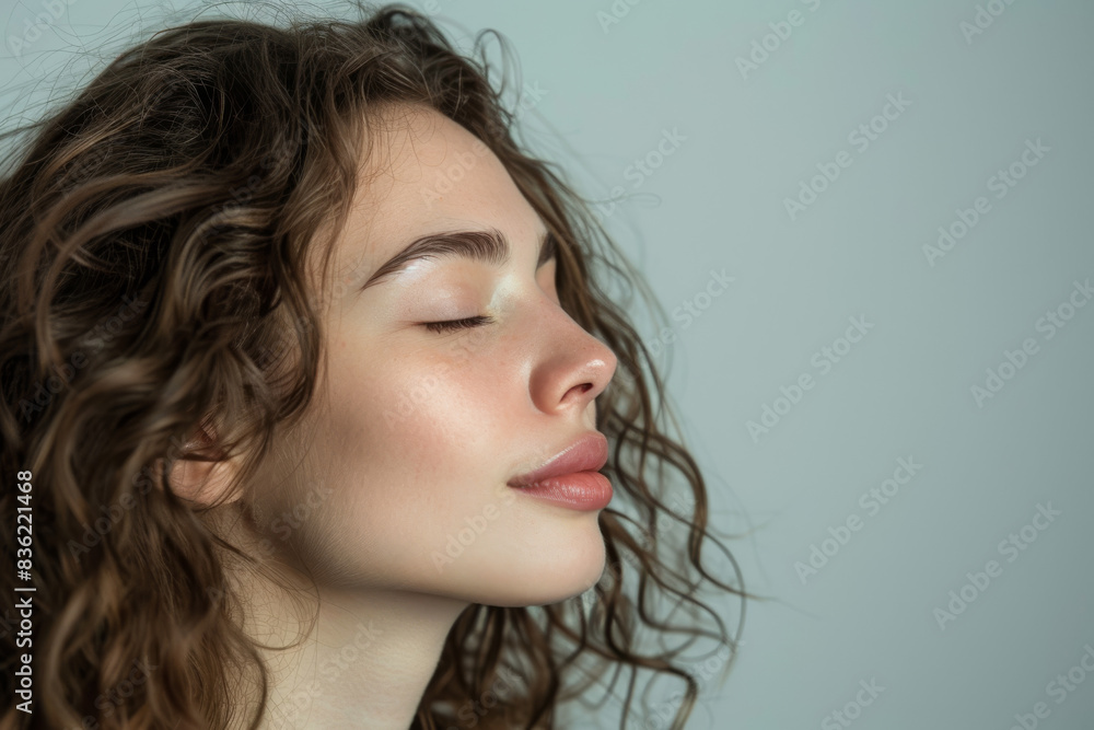 A close up of a woman's face with her eyes closed looking to a side A close up of a woman's face with her eyes closed looking to a side