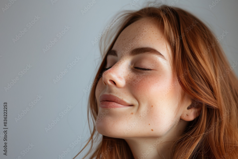 Naklejka premium A close up of a woman's face with her eyes closed looking to a side