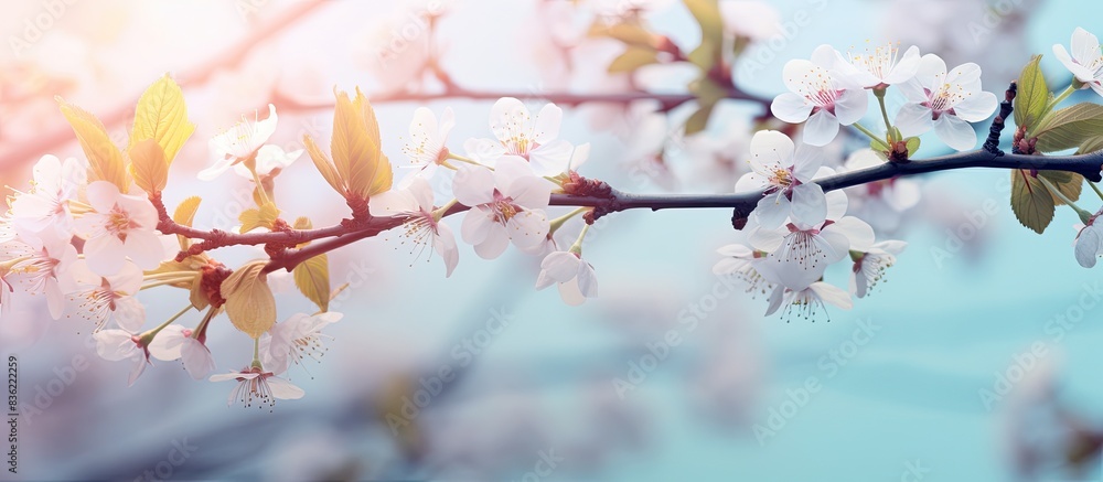 Spring concept with blooming branches set against a colorful blurry background, ideal for copy space image.