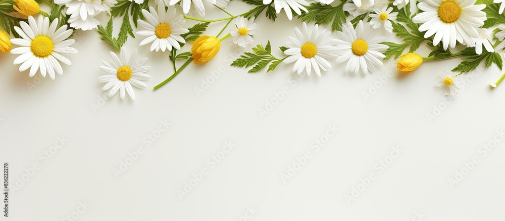Fototapeta premium Yellow flowers and eucalyptus leaves arranged on a white surface, captured from above with a lot of empty space for writing or adding other visual elements in the shot. Copy space image