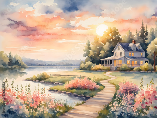 A radiant watercolor of a rustic farmhouse surrounded by fields of blooming flowers. photo
