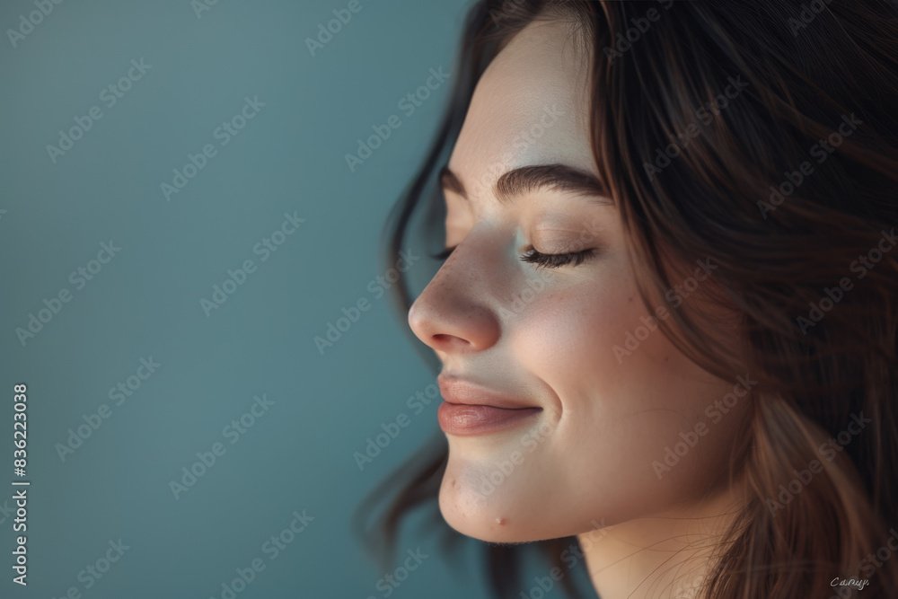 A close up of a woman's face with her eyes closed looking to a side A close up of a woman's face with her eyes closed looking to a side