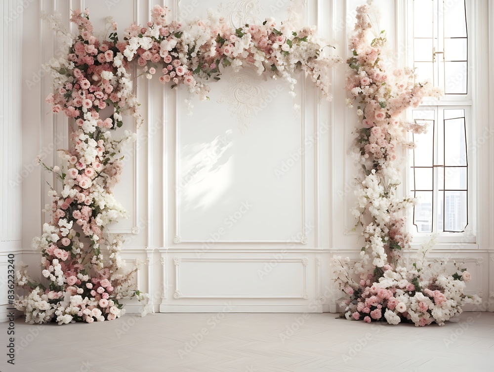 A white wall with flowers and plants background A white wall with flowers and plants background