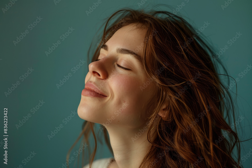 A close up of a woman's face with her eyes closed looking to a side A close up of a woman's face with her eyes closed looking to a side