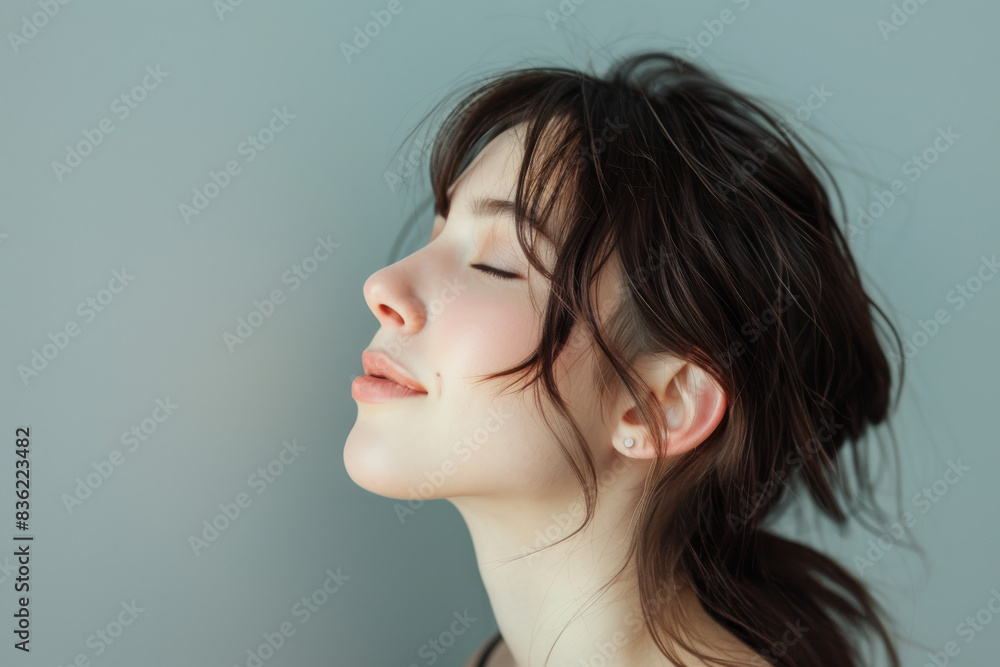 A close up of a woman's face with her eyes closed looking to a side A close up of a woman's face with her eyes closed looking to a side