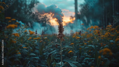 Long exposure of smoke wafting from a plant amidst a field of yellow flowers at dusk, giving a surreal ambience. photo