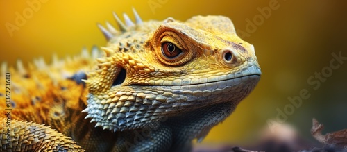 Close-up portrait of a bearded dragon agama  with copy space image.